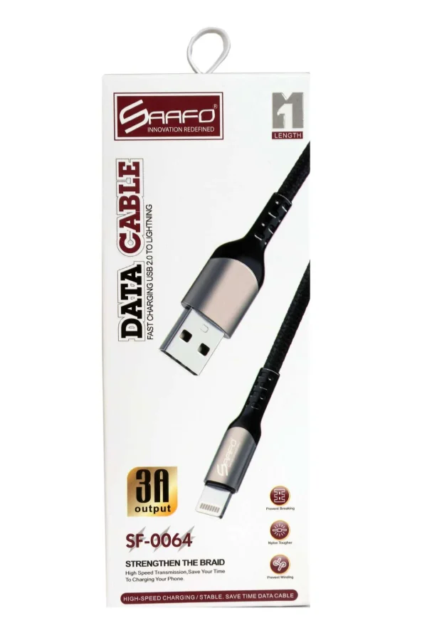 SAAFO DATA CABLE - USB 2.0 TO LIGHTNING - 3A OUTPUT - 1 METER - SF0064