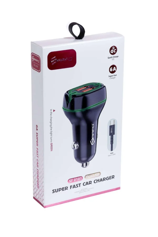 SAAFO 6A SUPER FAST CAR CHARGER WITH TYPE-C CABLE & DUAL USB SLOTS - SF0101