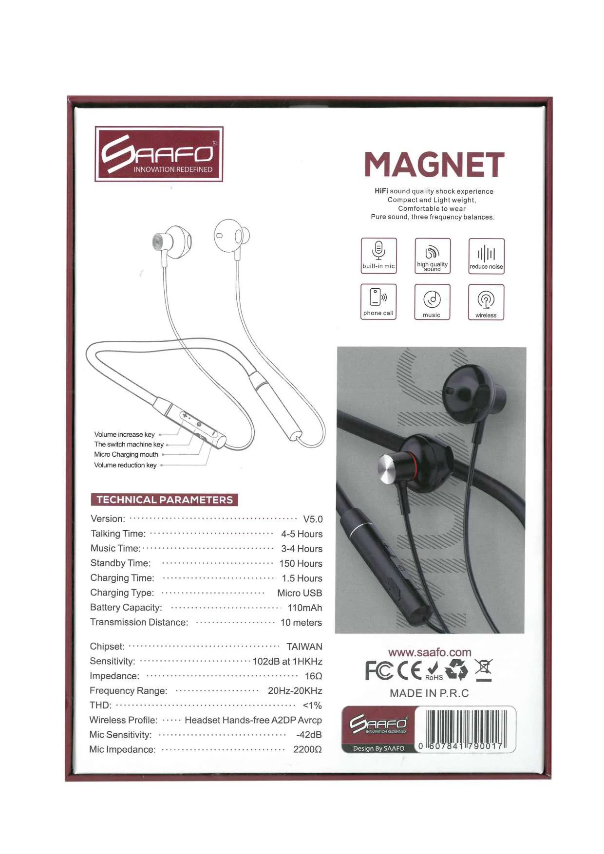 SAAFO Wireless Neckband Stereo Earphones With Built-in Mic - SF0470 - Image 5