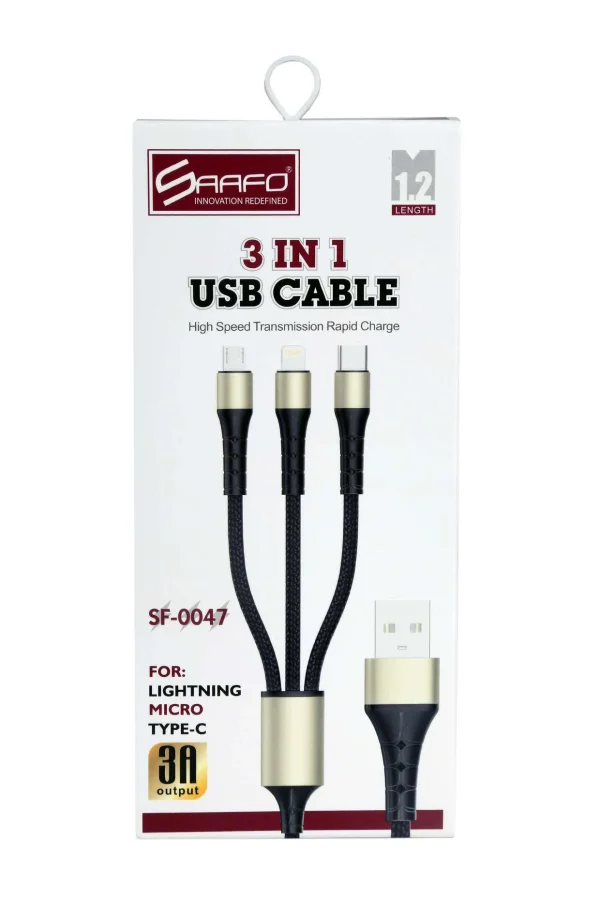 SAAFO 3 IN 1 USB CABLE (LIGHTNING / MICRO / TYPE-C) - 1.2 METER - SF0047